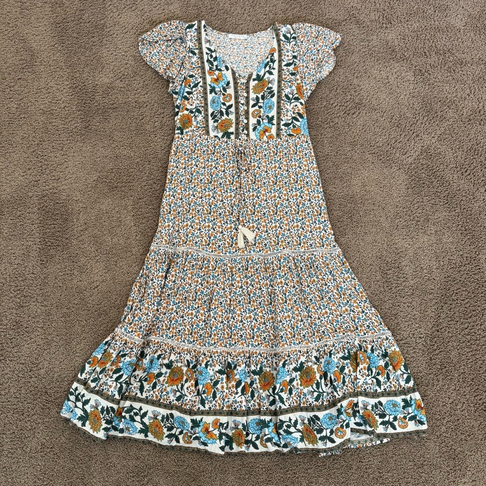 Calista Floral Maxi Dress Flutter Sleeve Lightweight Summer Sundress sz M